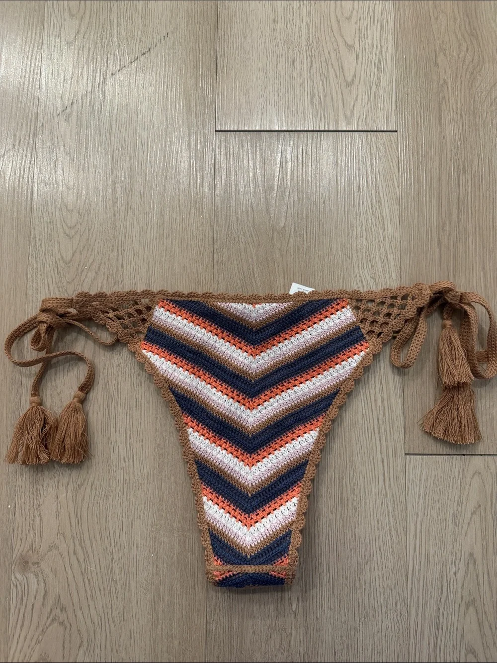 aerie Crochet Tie-Side Bikini Bottom in Brown, Navy, White, and Orange